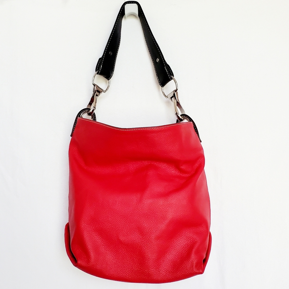 Vera Pelle Red Italian Pebbled Leather Hobo Bucket Bag